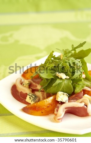 Green Salad With Peaches, Blue Cheese And Ham