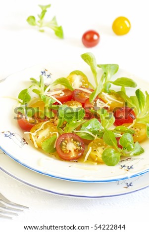 Variegated tomatoes salad with grated cheese