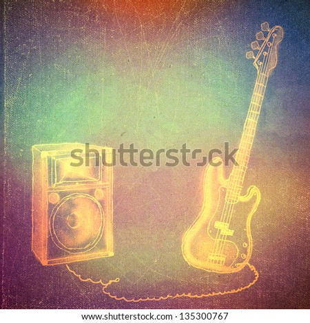 vintage paper texture, art music background, electric bass guitar