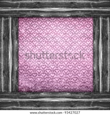 It is an old paper with the pink hearts, framed with wooden boards. A background in style grunge.