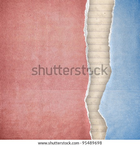 riped blue and red cardboard cover on guideline paper background