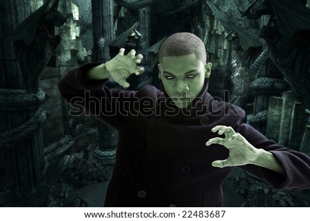 Green man with smokey white eyes, strong expression and black coat in dungeon hall way, isolated