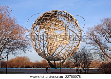 Unisphere globe in Flushing Meadows Corona Park in Queens New York at sunset