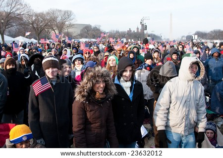 WASHINGTON - JANUARY 20: People marching towards the US Capitol building where President-elect Barack Obam will be inaugurated on January 20, 2009 in Washington.