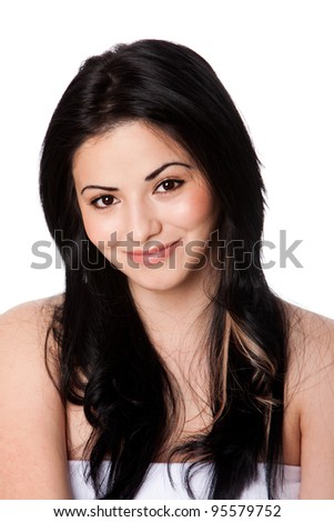 stock photo beautiful attractive happy smiling young woman with perfect fair skin and long black hair isolated 95579752
