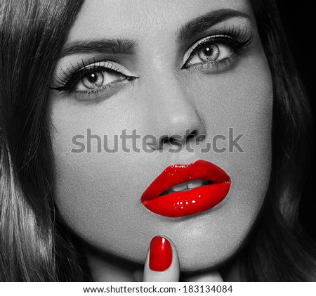 High fashion look.glamor closeup portrait of beautiful sexy stylish Caucasian young woman model with bright makeup, with red lips,  with perfect clean skin