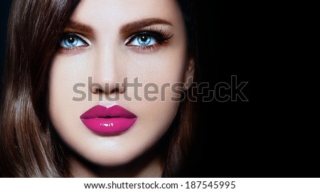High fashion look.glamor closeup portrait of beautiful sexy stylish Caucasian young woman model with bright makeup, with pink natural lips,  with perfect clean skin