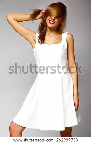 High fashion look.glamor sexy stylish blond surprised young woman model with bright makeup with perfect sunbathed clean skin in white summer dress with red lips