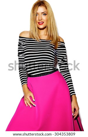 Funny crazy glamor stylish sexy smiling beautiful blond young woman model in pink hipster clothes in studio