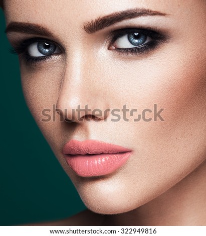 Sensual Glamour Portrait Of Beautiful Woman Model Lady With Fresh Daily Makeup With Nude Lips