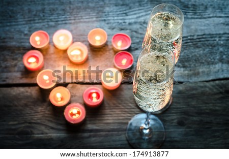 St Valentine\'s day candles with champagne