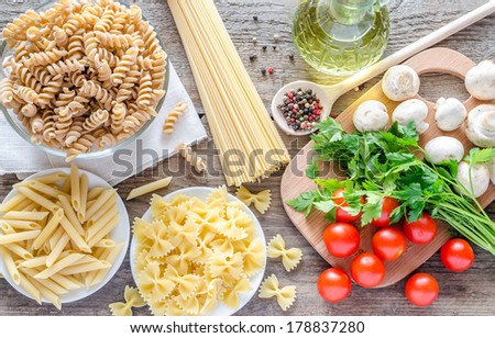 Various pasta with mushrooms and cherry tomatoes