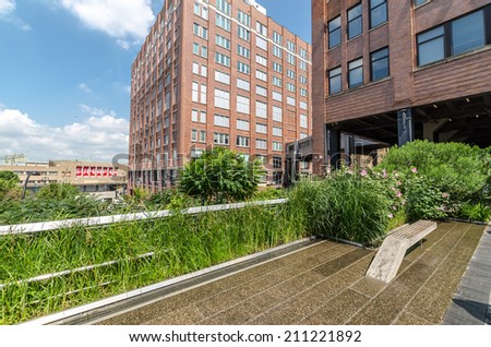 NEW YORK CITY - JULY 22: Scenic views of the High Line Park on July 22, 2014. The High Line is a popular linear park built on the elevated former New York Central Railroad spur in Manhattan.
