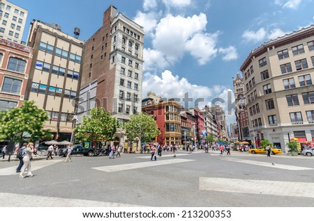 NEW YORK CITY - JUL 22: Union Square on July 22, 2014 in New York. The square\'s name represents the union of the two principal thoroughfares Broadway and 4th Ave.