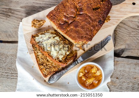 Loaf of banana bread with apple confiture