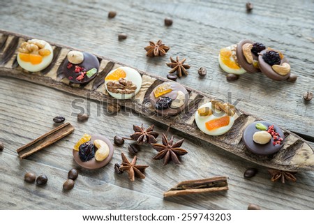 Swiss chocolate candies with nuts and dried fruits