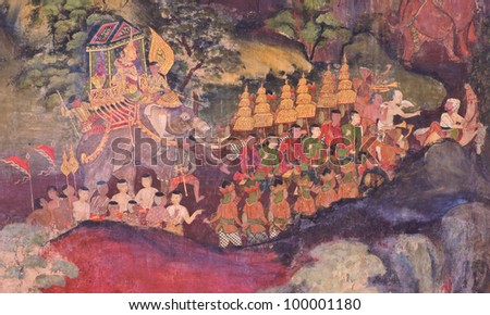 Ancient tradition Thai mural on temple wall