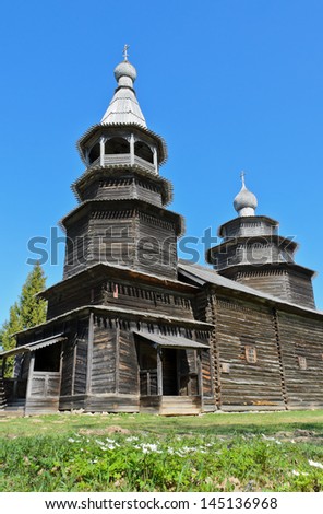 Ancient wooden church in Vitoslavlitsy Museum of Wooden Architecture in Novgorod, Russia