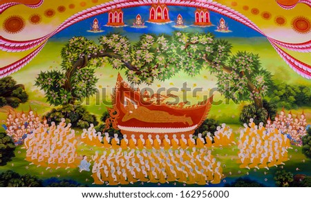 SUMUT SONGKHRAM ,THAILAND -OCTOBER 26: Traditional Thai mural painting of the Life of Buddha (The death of Buddha) on temple at Wat Chong Lom on October 26, 2013 in Samut Songkhram, Thailand.