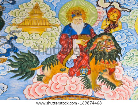 NAKHON PATHOM,THAILAND -MARCH 7 : Chinese god painting on temple wall at Wat Onoi on March 7, 2013 in Nakhon Pathom, Thailand.
