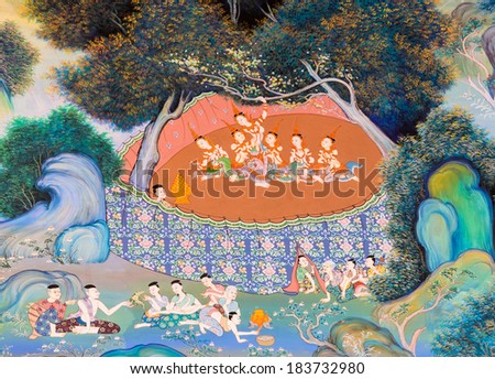 NAKHON PATHOM,THAILAND - FEBRUARY 28 : Buddhist temple mural painting (The birth of Buddha)  inside of Pailom temple on February 28, 2014 in Nakhon Pathom, Thailand.