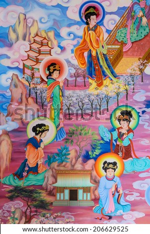 NAKHON PATHOM,THAILAND -MARCH 7, 2013 : Traditional Chinese mural on temple wall at Wat Onoi temple in Nakhon Pathom, Thailand.