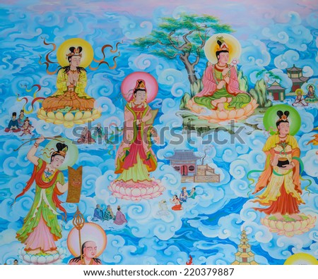 NAKHON PATHOM,THAILAND -MARCH 7, 2013 : Traditional Chinese mural on temple wall at Wat Onoi temple in Nakhon Pathom, Thailand.