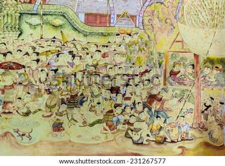 CHIANG MAI,THAILAND - OCTOBER 27, 2014 : Thai mural painting of Lanna people life in the past on temple wall of Wat Chaimongkol Temple in Chiang Mai, Thailand.