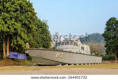 PHANG-NGA, THAILAND-FEBRUARY 15, 2015:Tsunami Police Boat 813 at International Tsunami Museum in Phang nga, Thailand.The boat was swept inland almost 2 Km. in December 26, 2004 to where it sits today.