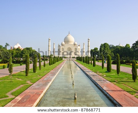 Taj Mahal against pool view, India
