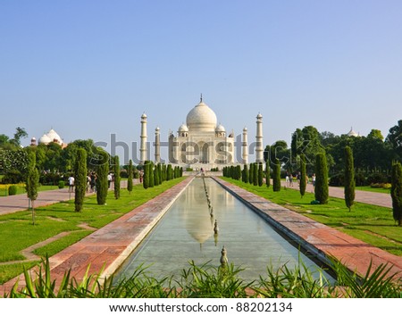Taj Mahal and pool view, India