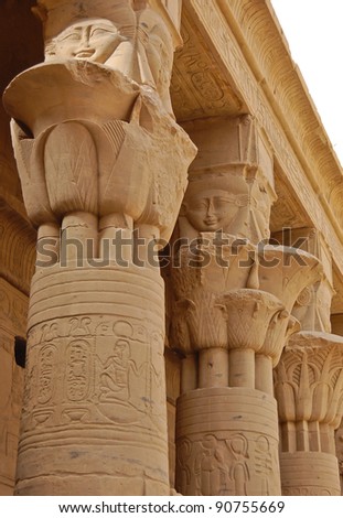 Columns of Hathor head goddess in Philae temple, Egypt