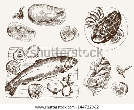 fish dish set of vector sketches fish dish set of vector sketches