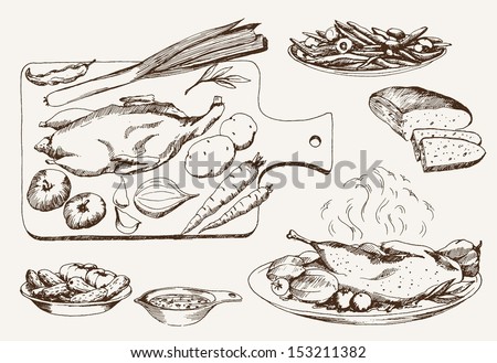 dish of wild ducks. set of vector sketches