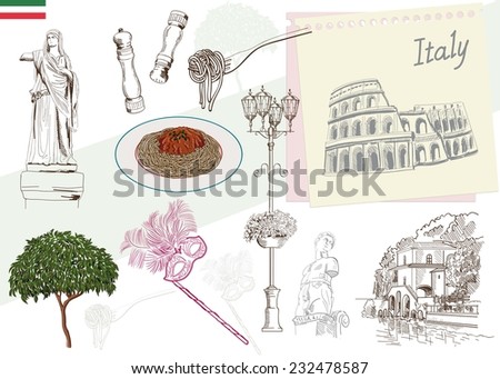 historic sites and attractions of Italy. handmade illustration