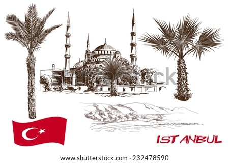 historic sites and attractions of Istanbul. handmade illustration