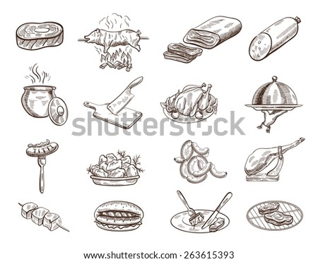 Set of sixteen sketches of food on the white background Set of sixteen sketches of food on the white background