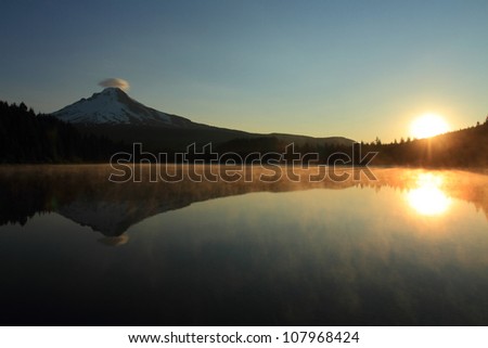 Sunrise on Mount Hood and Trillium Lake, Oregon, U.S.A.