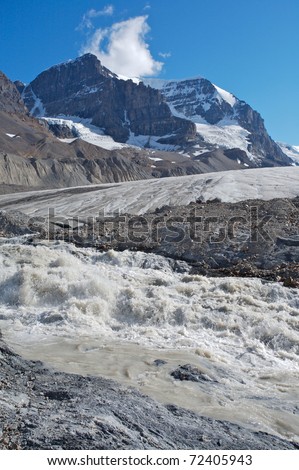 Athabasca glacier with melt water in Jasper National Park