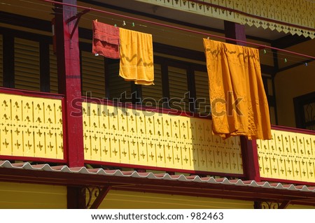 Thai Buddhist monks\' robes hanging at a temple in Bangkok