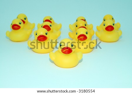 Toy ducks lined up in formation
