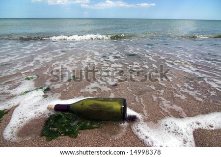 Message in the bottle on lonely beach