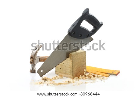 carpenter\'s tools close up over white background