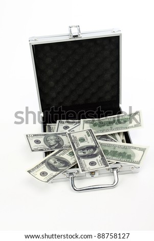 aluminum case with money over white background