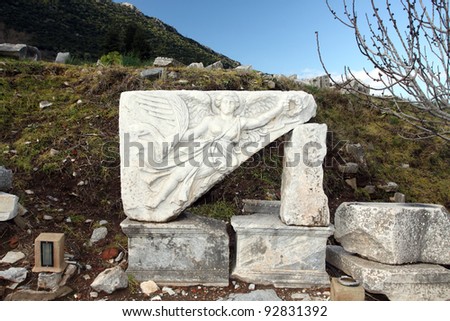Relief of goddess of victory Nike in ancient city of Ephesus
