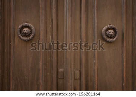 Old wooden door with round brass door handles