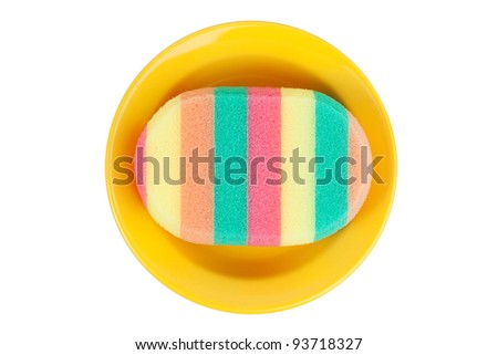 Sponge for washing dishes in a ceramic dish on white background