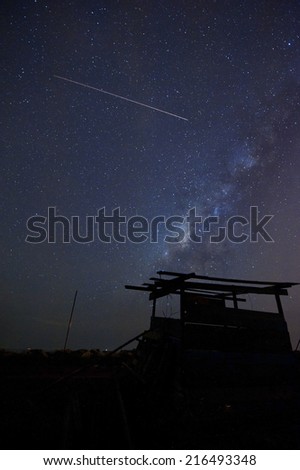 hut at beautiful night with milky way and meteor ( visible noise due to high iso )