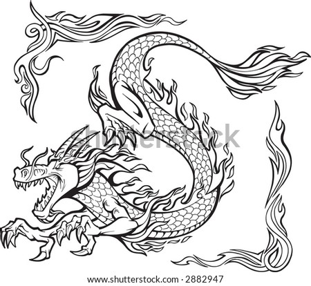 stock vector : Vector Illustration of a Fire Dragon with Tribal Borders