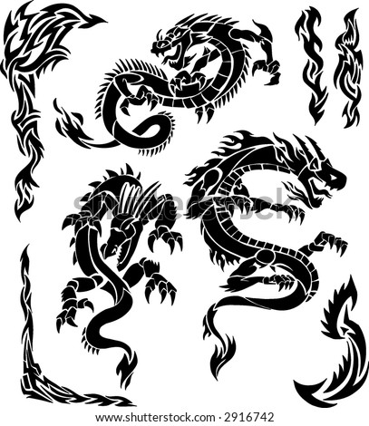 stock vector Iconic Dragons Tribal Borders Vector Illustration